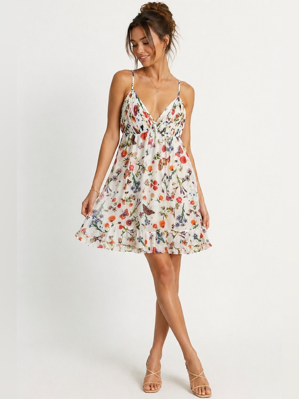 NWT IEENA Mac Duggal 70197 Floral Butterfly Chiffon Mini Dress Size 6White Multi